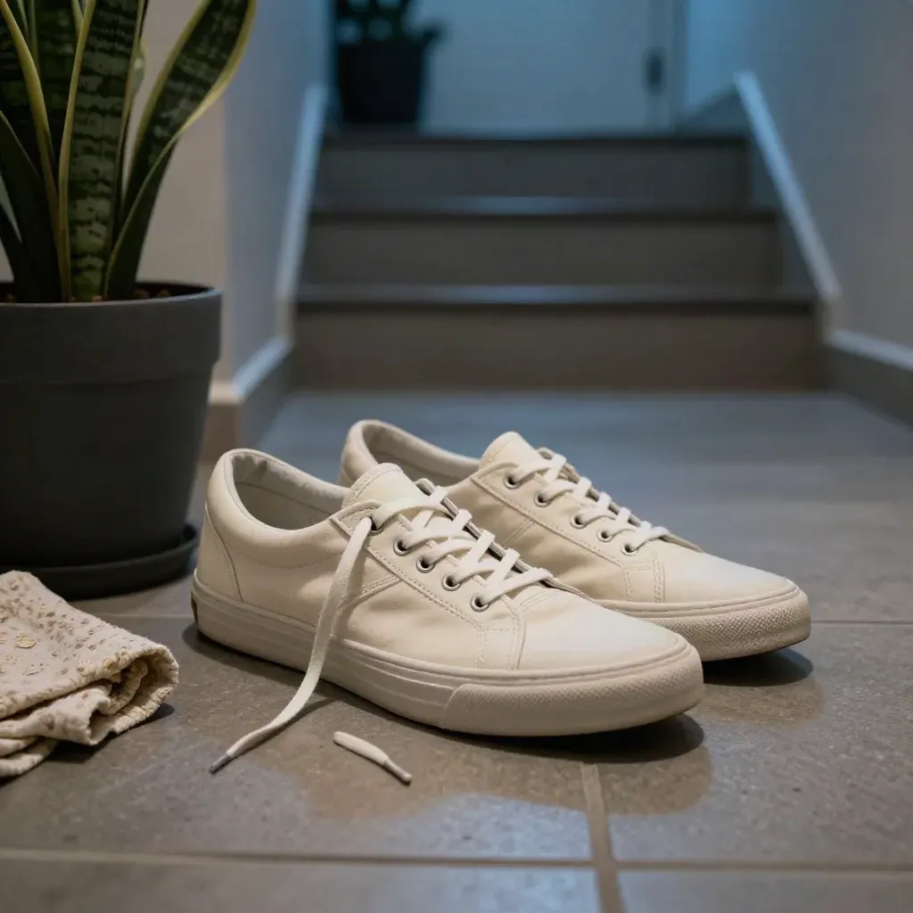 Kasut slip-on krim, tali ganti, pasu lidah jin dan kain kapas di anak tangga apartmen waktu senja.