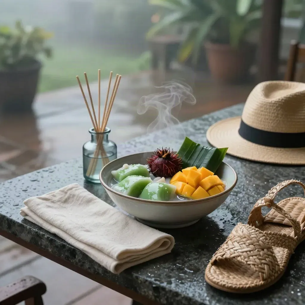 Bowl kuih dan buah tropika di beranda basah, linen, diffuser dan topi jerami selepas hujan.