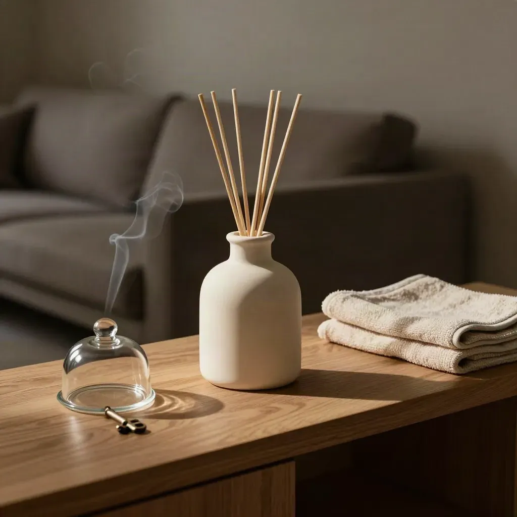 Penyebar aroma seramik, batang reed, cloche kaca dan tuala lipat di konsol ruang tamu waktu malam.