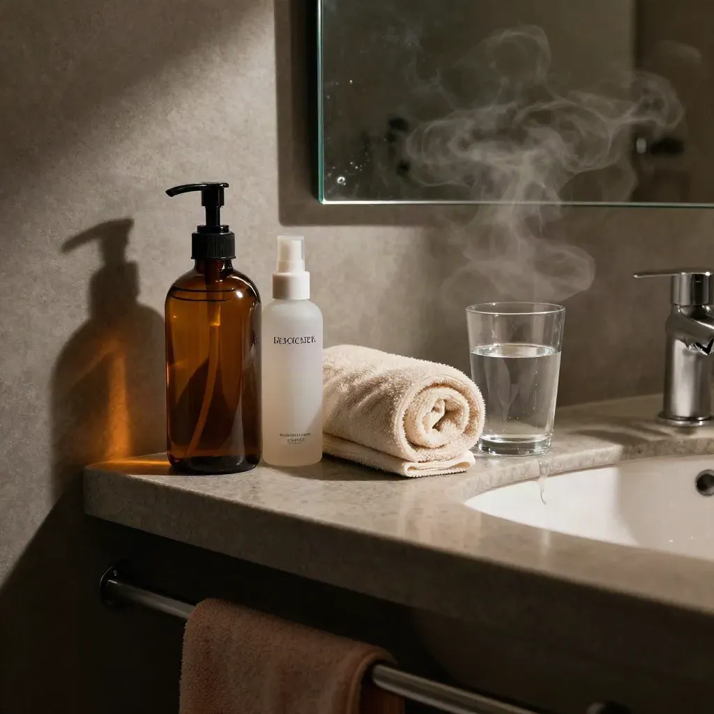 Rak bilik mandi berkabus dengan pembersih ambar, mist muka, tuala gulung dan gelas air.