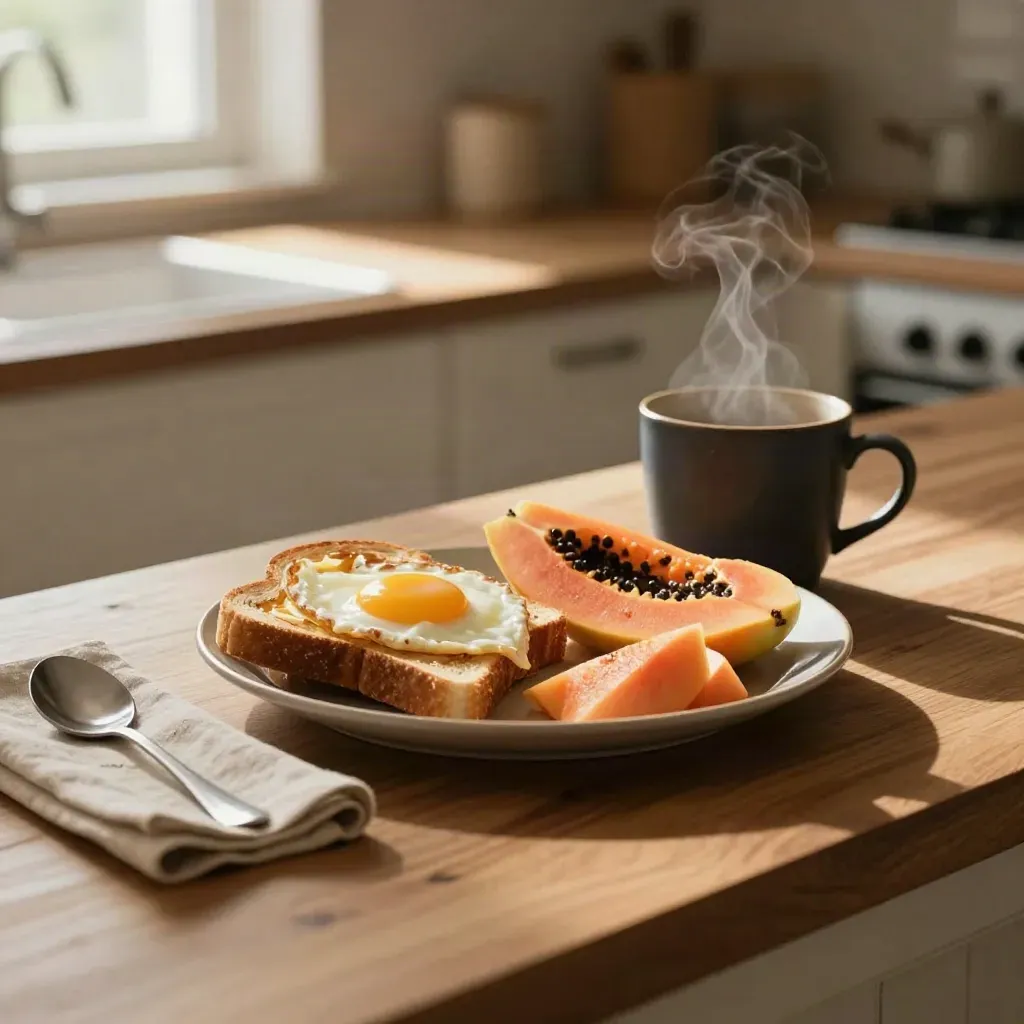 Sarapan pagi dengan roti bakar, telur separuh masak, betik dan cawan kopi di kaunter dapur.