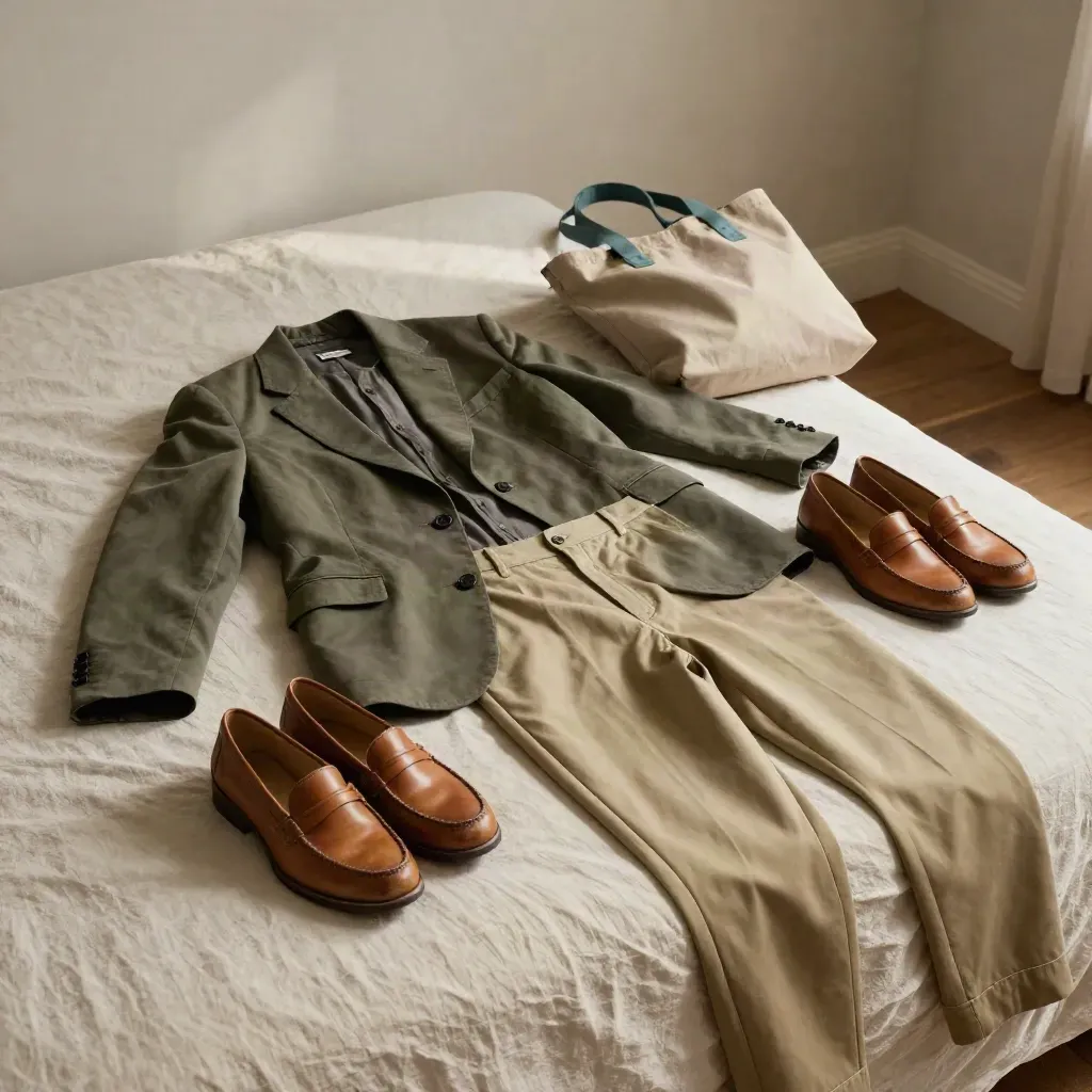 Pakaian kerja tersusun di atas katil: blazer, seluar, loafer dan beg tote.
