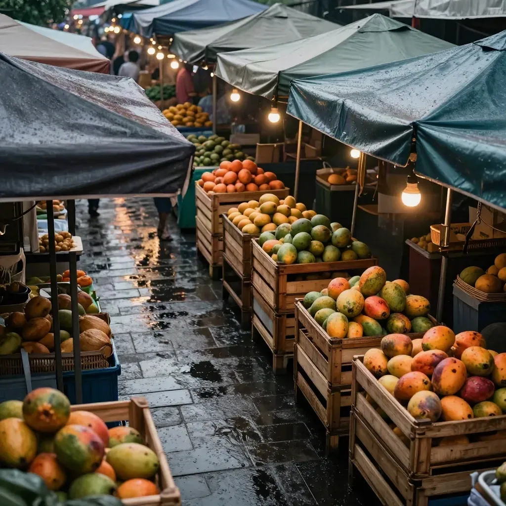 Lorong pasar hujung minggu KL dengan peti buah basah, kanopi teal dan cahaya petang.