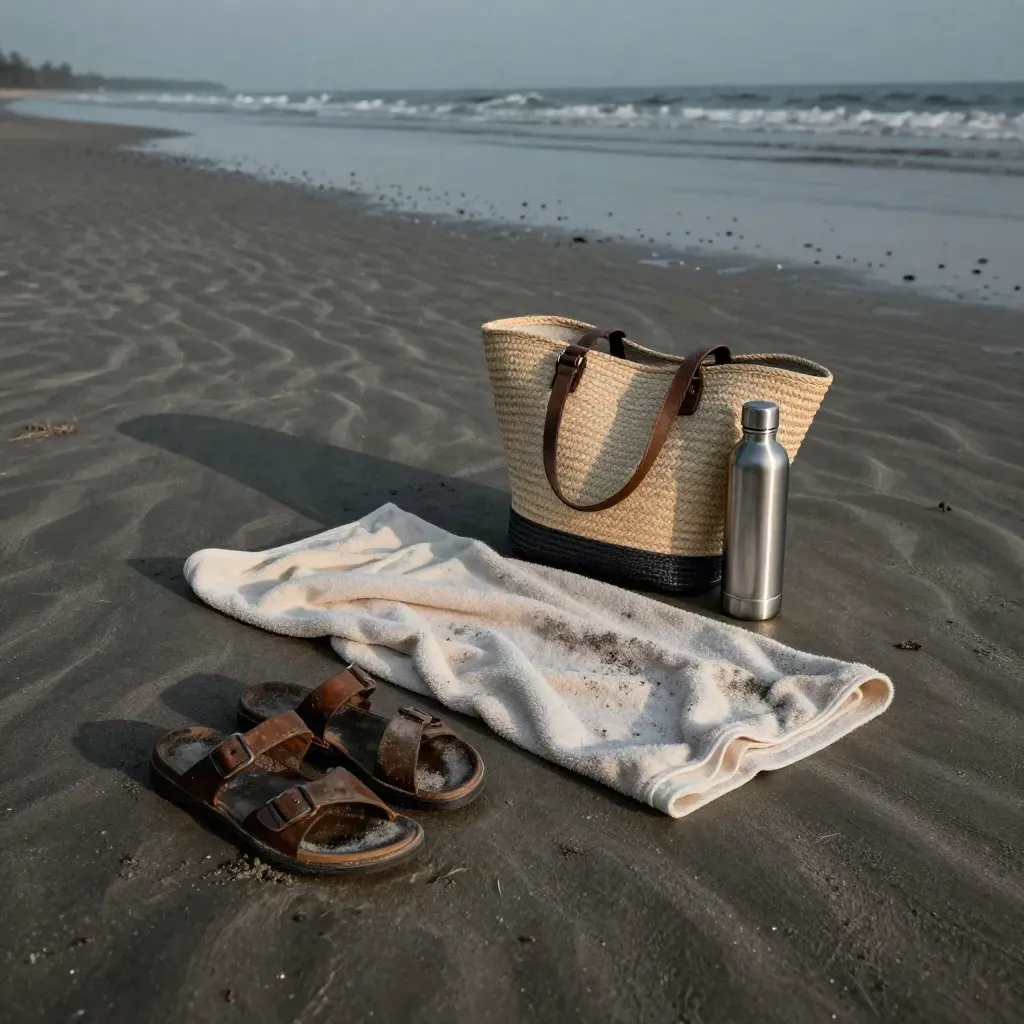 Kit pantai di pasir Desaru saat air surut: selipar, tuala, beg anyaman dan botol air.