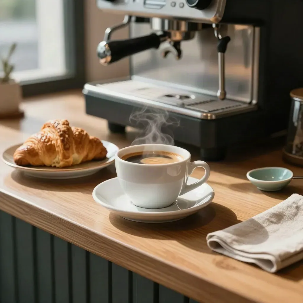 Secawan kopi dan pastri di kaunter kafe dengan mesin espresso kabur di belakang.