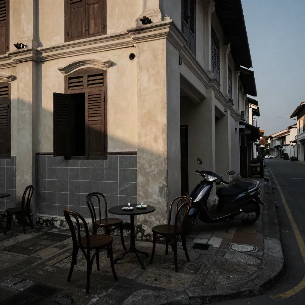 Sudut warisan Ipoh dengan kerusi kafe, scooter di bayang dan pinggan pencuci mulut.