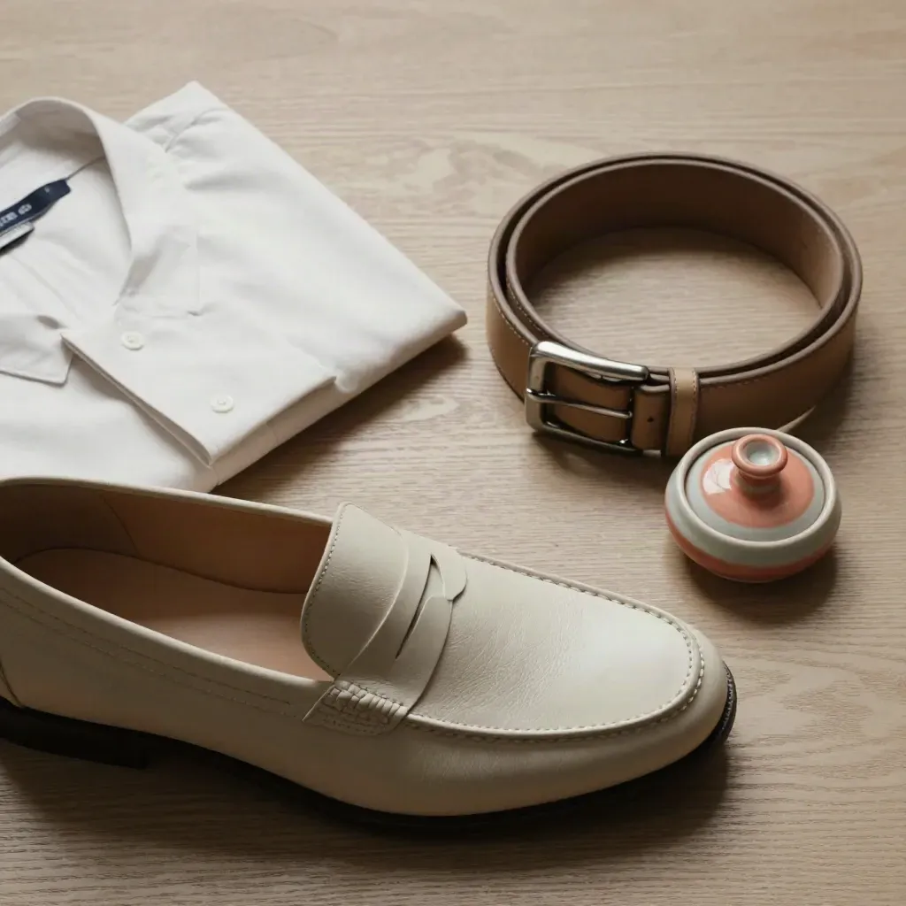 Loafer kulit krim, manset baju, tali pinggang dan dulang seramik di atas kayu pucat.