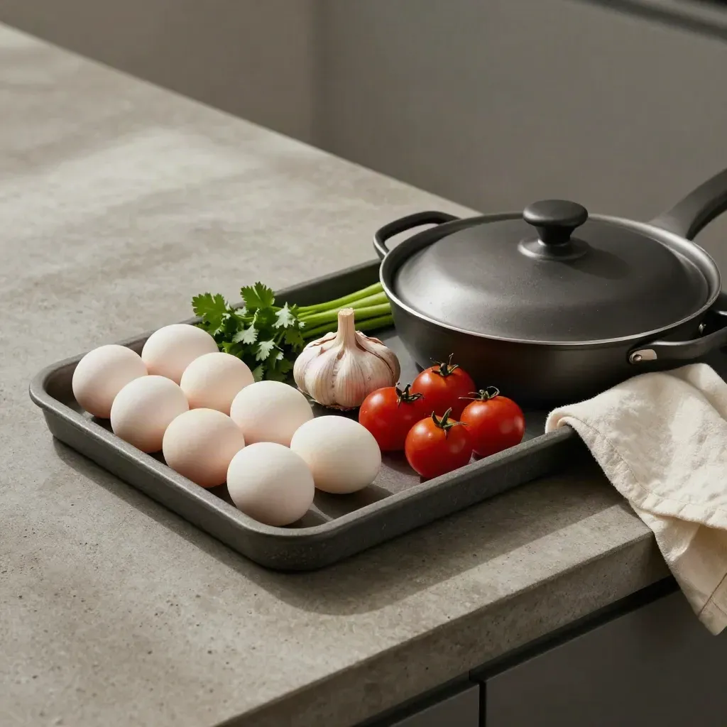 Tray batu dengan telur, bawang putih, tomato ceri, herba dan penutup periuk di dapur.