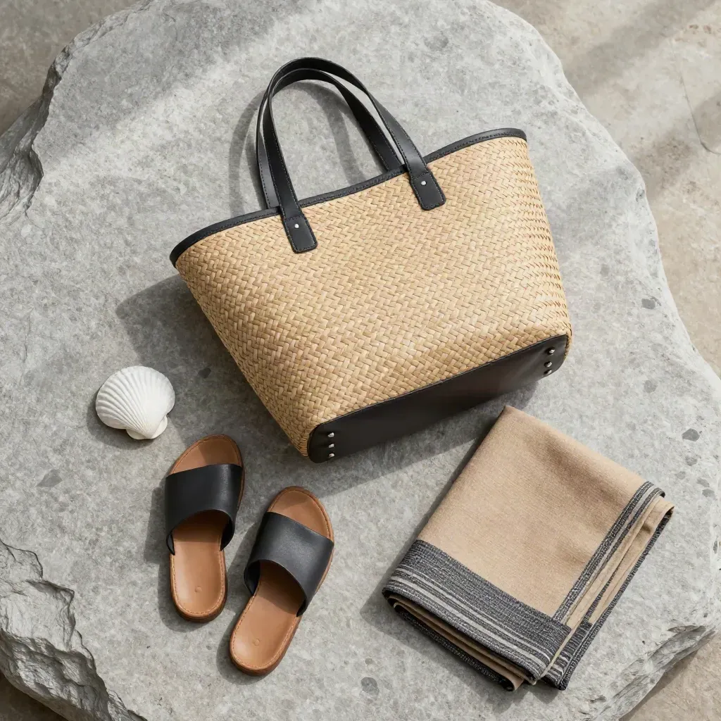 Flatlay beg anyaman, sandal travel, sarung lipat dan kulit siput di atas batu kapur.